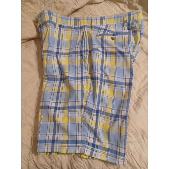 FootJoy Shorts‎ Mens 34 x 10 Performance Blue Yellow Plaid Stretch Golf New - Picture 1 of 5